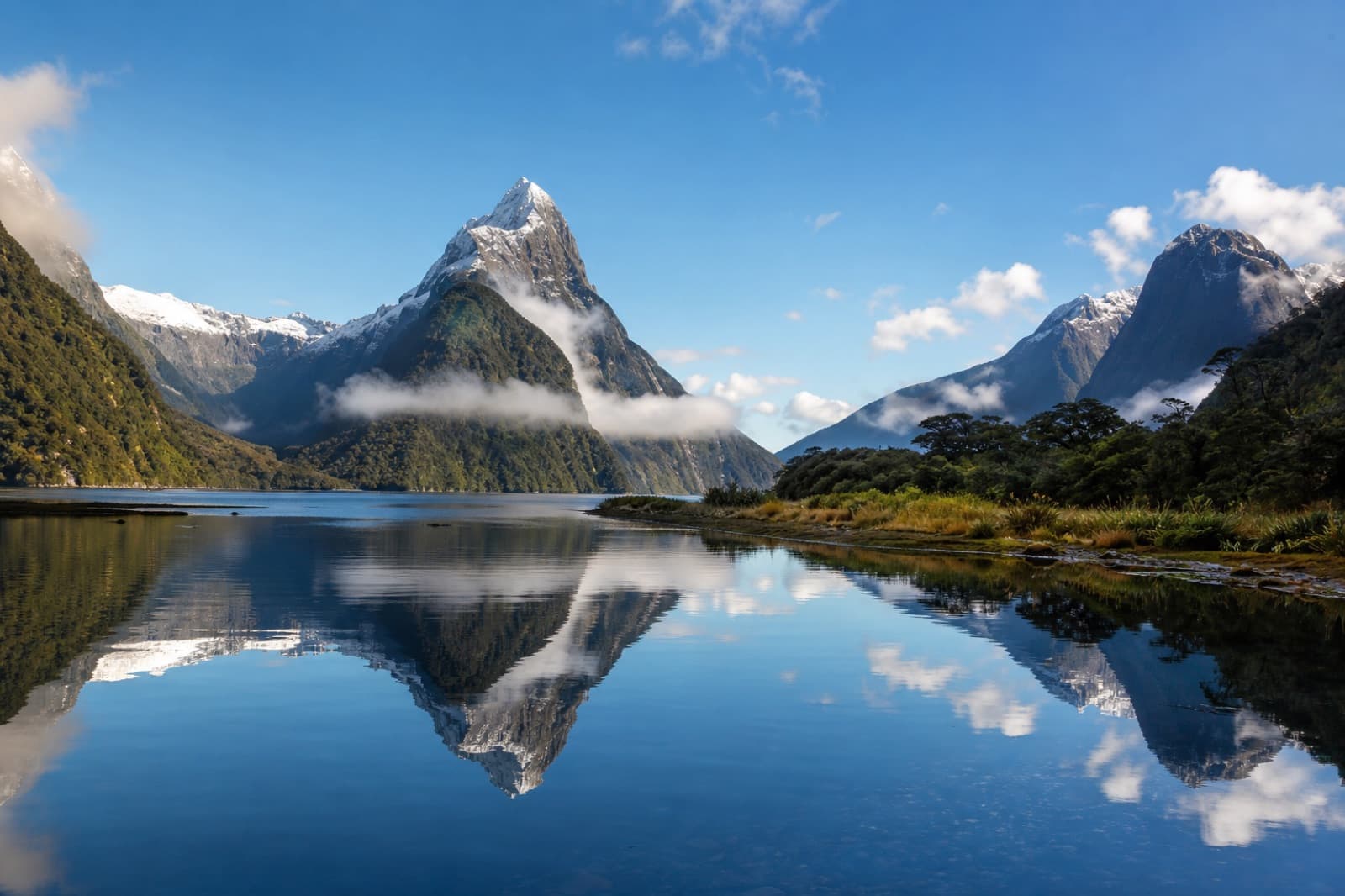 Lake and snow-capped mountains at Milford Sound, New Zealand