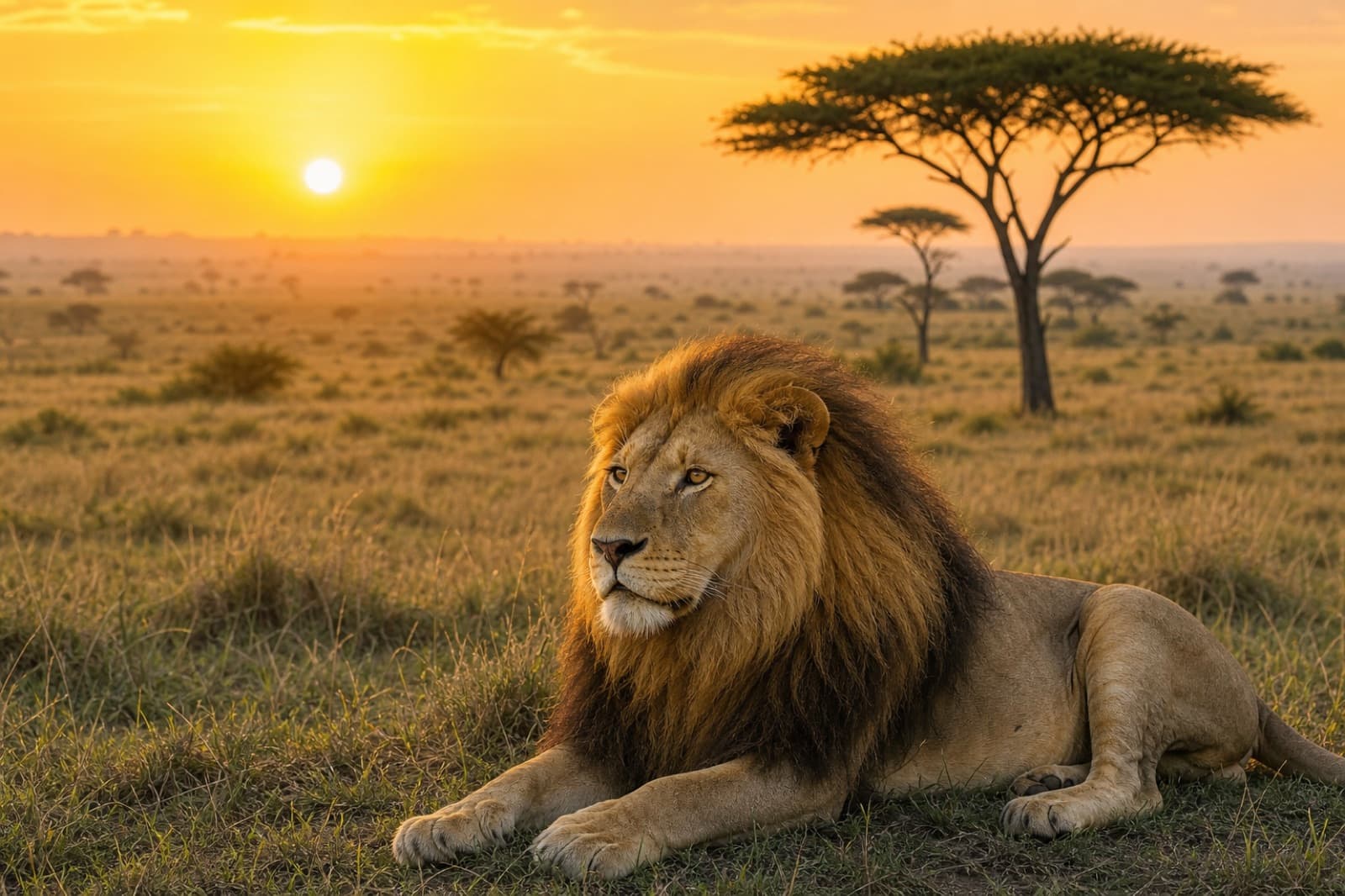 A lion on the Serengeti savanna in Tanzania at sunrise